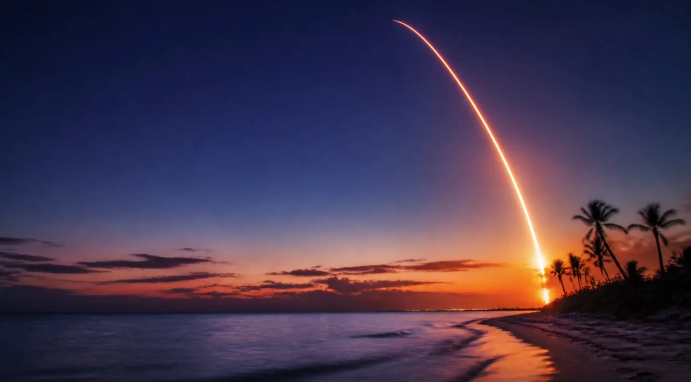 A rocket launch arcing over the Space Coast at dusk